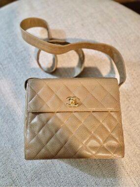 Rare Chanel sand beige caviar leather straight flap shoulder bag 24k gold